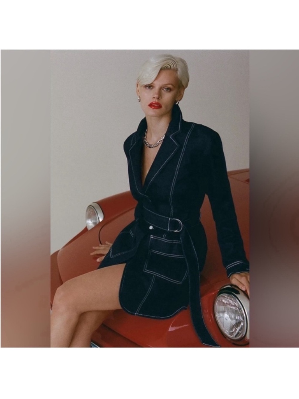 Pilcro Black Belted Long-Sleeve Blazer Dress with White Topstitching